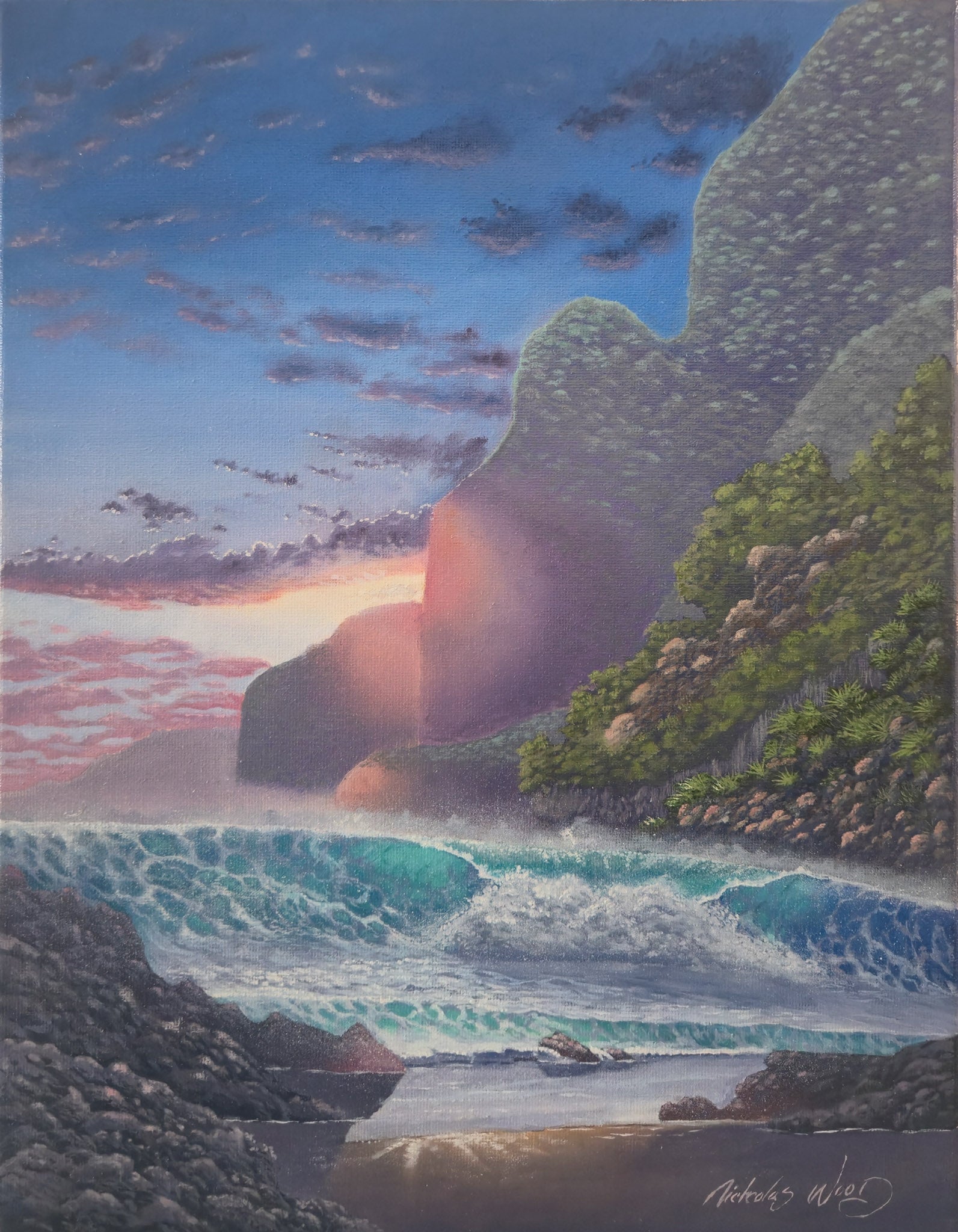 Last Light (Tropical Beach Painting with Purple Sky and Turquoise Water)